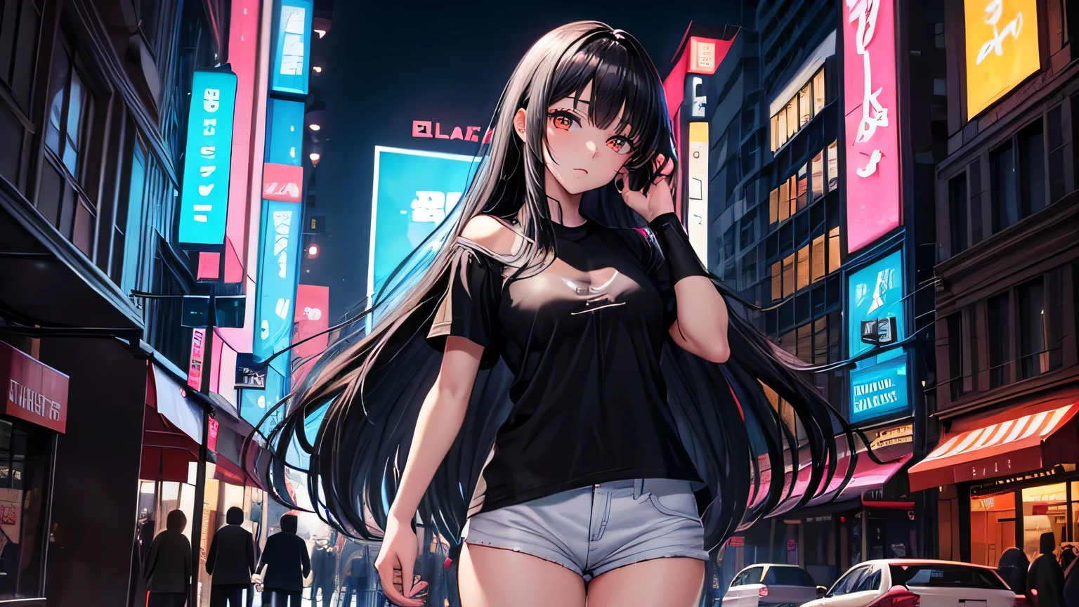 (masterpiece, highest quality), (High resolution, detailed), anime, Line art, Flat Shading, alone: 1.2, woman,(Detailed face), (Oversized black t-shirt: 1.5), Loose socks, (Beautiful long hair, Voluminous Hair), (Beautiful Eyes: 1.0),stomach:1.2, highest quality, 8k,Thin bangs,Upper Body,Slender, beautiful, well-drawn eyes, Focus on the face,City of night,bustling street,Neon Light,