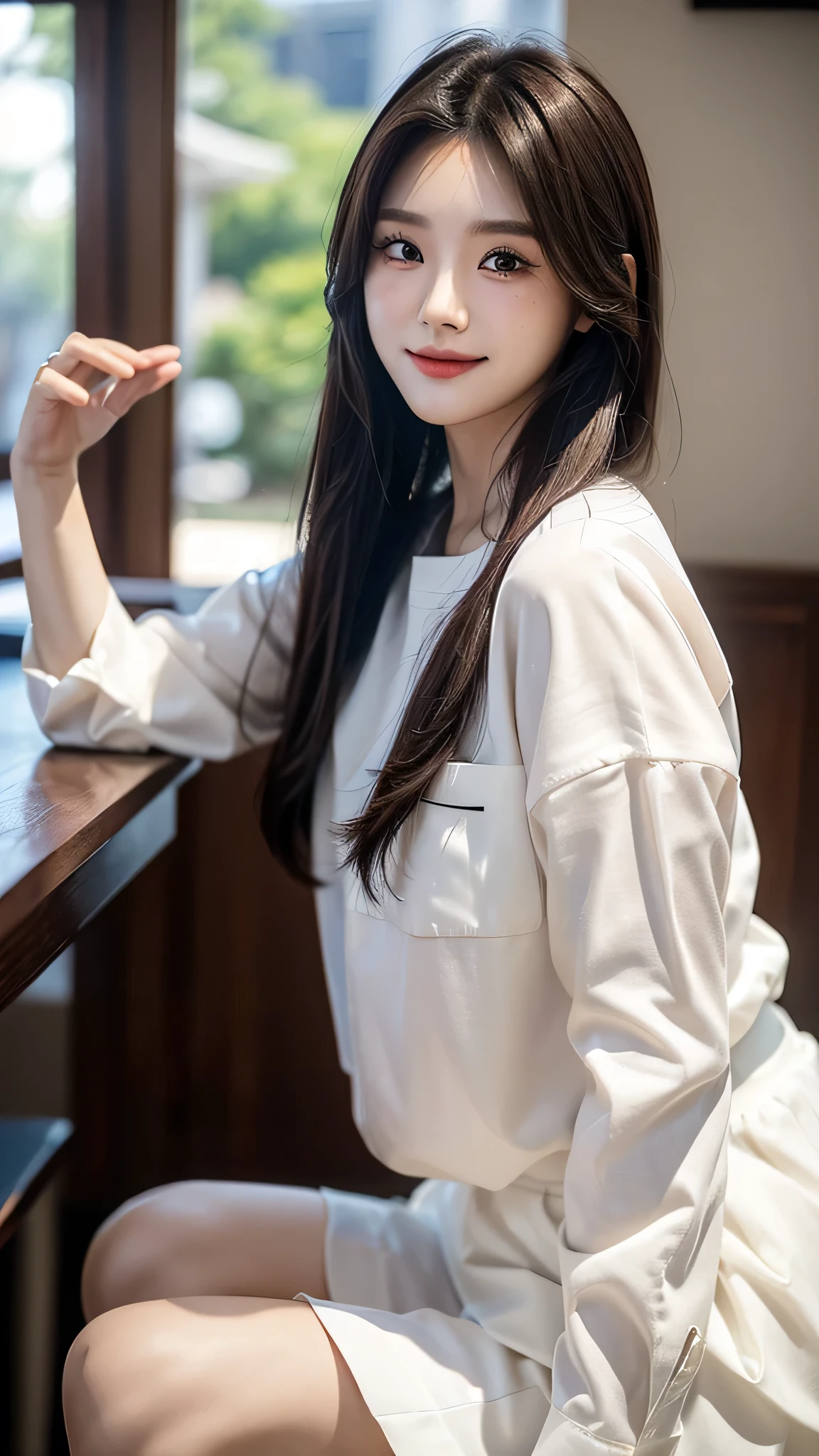 masterpiece、top-quality)、1 beautiful girl, (Detailed beautiful eyes), ((Detailed skin)) , ((Detailed medium hair)), in the white villa、((Boyish Brown Medium Hair))、((Smaller face))、((Neutral face))、((Face seen from the side))、((Light brown eyes))、((Korean Girl))、((18year old))、((shirt and short))、((A shy smile on his face))、((Korean Makeup))、((elongated and sharp eyes))、((Happy dating))、((boyish))、((Shot from the same height as your face)、full body , RAW photos, on the white villa ), ((CG rendering)), ((Blurred background)), ((16K)), ((Very detailed)), ((wallpaper)), ((depth of field)), ((movie light)), (( Ray tracing)).