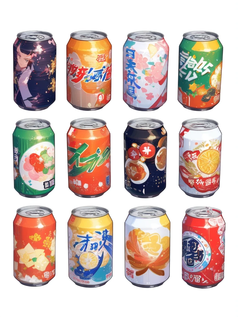 a close up of a group of can of soda with different flavors, soda can, Jongsuk Lee, can, By Chen Yanjun, Sprite Art, by Shinoda Toko, Pop Japonism 3d Ultra Detailed, by Junsaku Koizumi, By Yang Hui, by Kinichiro Ishikawa, by Okada Beisanjin