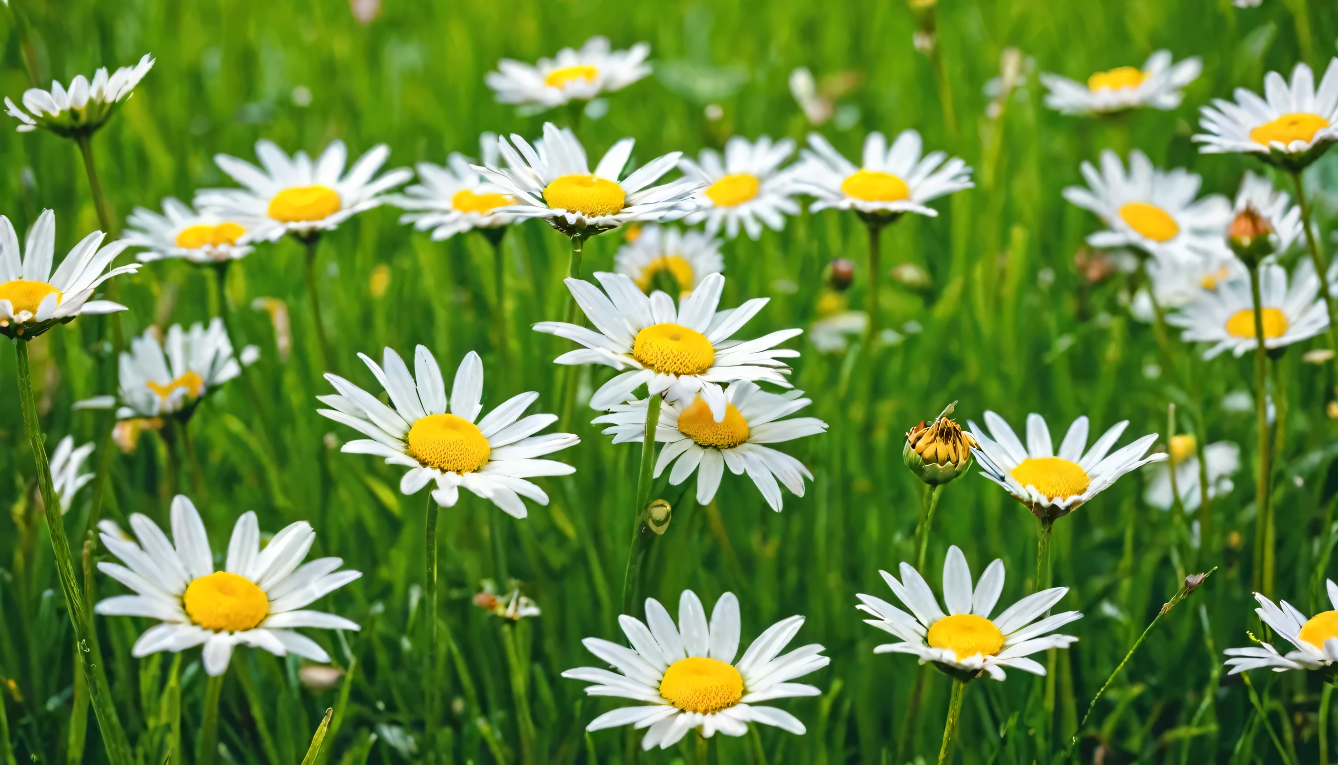 Beautiful spring and summer nature scene with field of blooming daisies on grass in hilly countryside