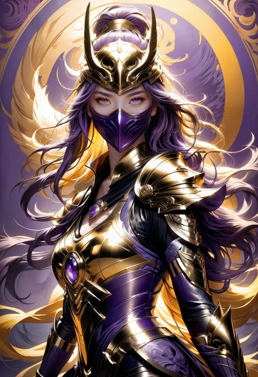 Tight Combat Suit, A angry eyes, mask Mortal combat, satin Tight body Suit, Samurai Warrior Woman, background is Giant Golden horse, a masterpiece, 8k resolution, dark fantasy concept art, by Greg Rutkowski, dynamic lighting, hyperdetailed, intricately detailed, Splash screen art, trending on Artstation, deep color, Unreal Engine, volumetric lighting, Alphonse Mucha, Jordan Grimmer, purple and yellow complementary colours