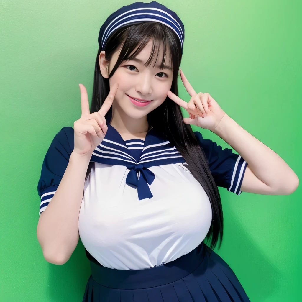 女の子1 person, alone, highest quality, 8k, Japanese women photos, 17 years old, kindergarten teacher, 長くてストレートなBlack Hair,, ((plump)), ((Big Breasts)),Sailor suit,Sailor suit,, The best smile,Grow eyes,  Shining happiness, Caring personality, Sweet feminine aura, Calm but firm attitude, I have a few freckles on my cheeks, A spirit of warmth and joy, Discreet and perfect for class,Eyes shining with devotion, a humble and dedicated kindergarten teacher, 1 person,超Big Breasts,Big Breasts,Sailor suit,mini skirt,Black HairのストレートLong Hair,Long Hair,Black Hair,17 years old,valley,It's heartbreaking.,Cute pose,Cute pose,Purikura,Purikura,Finger Heart,The whole body was photographed,The whole body was reflected,Leather shoes,Green background,Green background,Green background,超Big Breasts,Big Breasts,Big Breasts,大きなvalley,valley,valley,胸のvalley,It's heartbreaking.,I can see your chest,Accentuated breasts,Big Breasts,Big Breasts