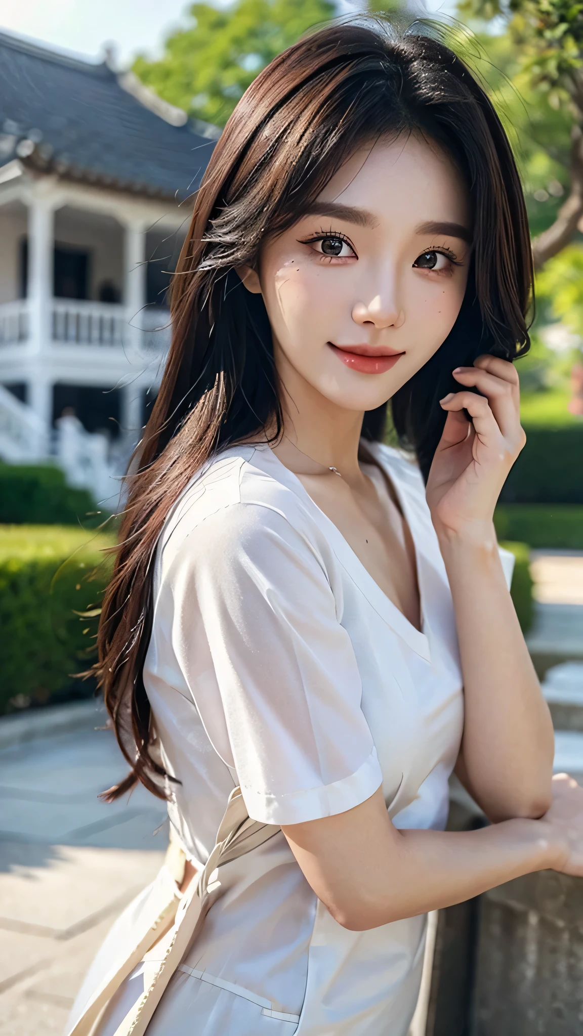 masterpiece、top-quality)、1 beautiful girl, (Detailed beautiful eyes), ((Detailed skin)) , ((Detailed medium hair)), in the white villa、((Boyish Brown Medium Hair))、((Smaller face))、((Neutral face))、((Face seen from the side))、((Light brown eyes))、((Korean Girl))、((18year old))、((shirt and short))、((A shy smile on his face))、((Korean Makeup))、((elongated and sharp eyes))、((Happy dating))、((boyish))、((Shot from the same height as your face)、full body , RAW photos, on the white villa ), ((CG rendering)), ((Blurred background)), ((16K)), ((Very detailed)), ((wallpaper)), ((depth of field)), ((movie light)), (( Ray tracing)).