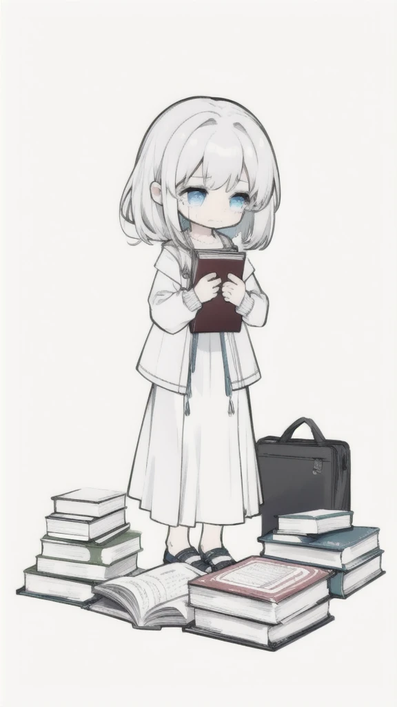 best quality, chibi, 1 girl, (full body), Pure white background,Vivid,clearly,sad face,rain,Sit down,holding a book in hand,cry