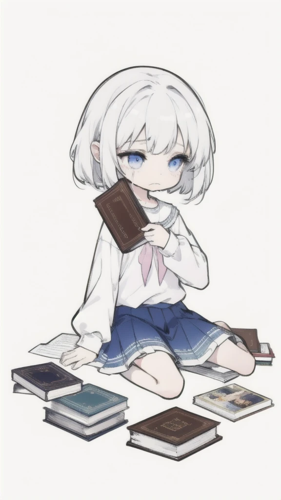 best quality, chibi, 1 girl, (full body), Pure white background,Vivid,clearly,sad face,rain,Sit down,holding a book in hand,cry