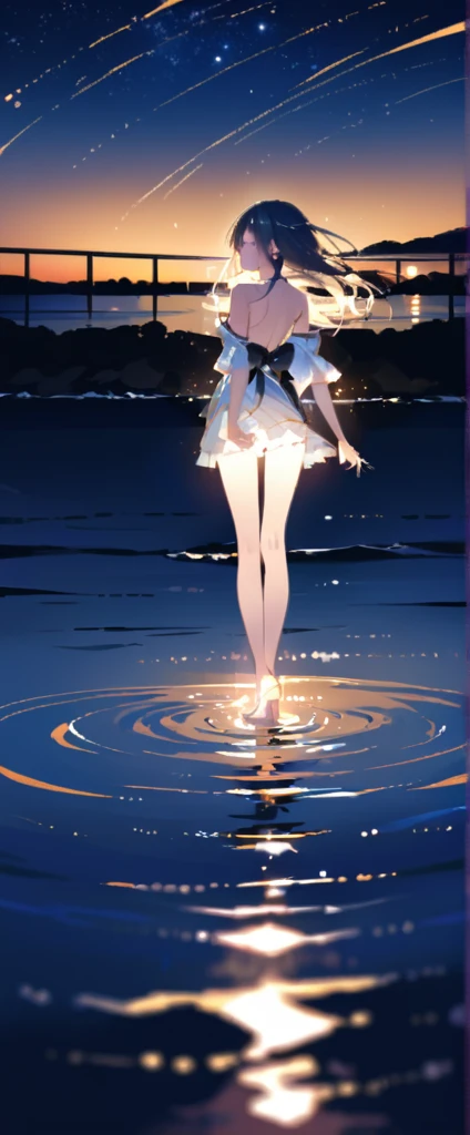 (Close-up:1.4)、(RAW photo:1.2)、(photorealistic:1.4)、(masterpiece:1.3)、(highest quality:1.4)、japanese girl、(night scenery:1.2)、thin clothes、pretty girl、Put one foot in the sea、standing on tiptoe、Landscape、Between the horizon and the sea、view from the side、Ripples spreading from the toes、Standing about 20 meters away、on the sea、The whole scene shineeteors、illumination、
