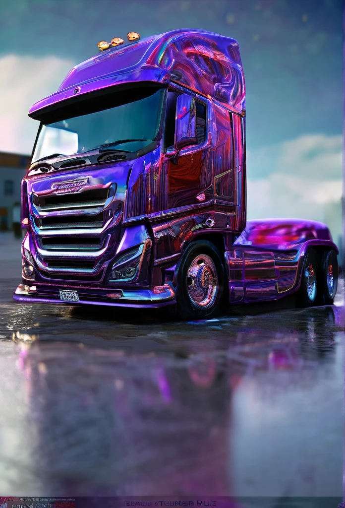 (((Brand of TruckersRule))), Semi-truck Master, CUSTOM trucks, true chaos, pyscho, Pyscopath, Pyscopathic, insane, Mirrorized, Unreal engine, photorealistic, HyDE, Luminescent, holographic, hard lighting,masterpiece, contoured beveling, symetrically correct, 4d,bright purple blue red, deepbeveling, Artstation,