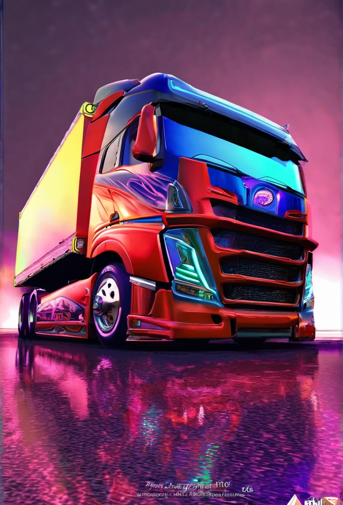 (((Brand of TruckersRule))), Semi-truck Master, CUSTOM trucks, true chaos, pyscho, Pyscopath, Pyscopathic, insane, Mirrorized, Unreal engine, photorealistic, HyDE, Luminescent, holographic, hard lighting,masterpiece, contoured beveling, symetrically correct, 4d,bright purple blue red, deepbeveling, Artstation,