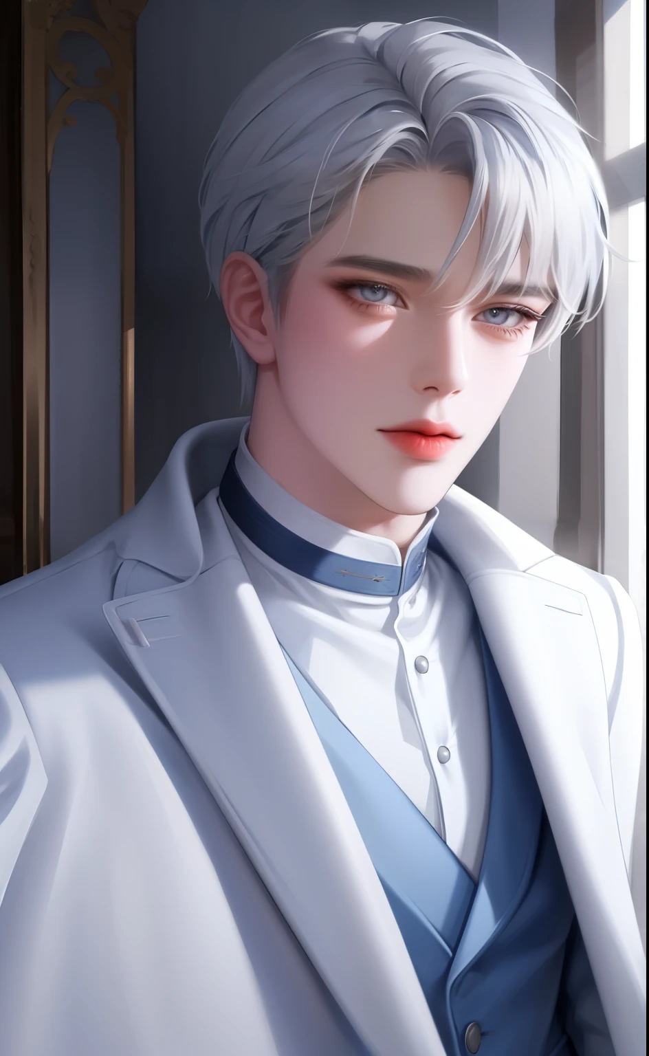 Boy, silver hair, blue eyes, serious sharp features, white skin, handsome, sweater, coat