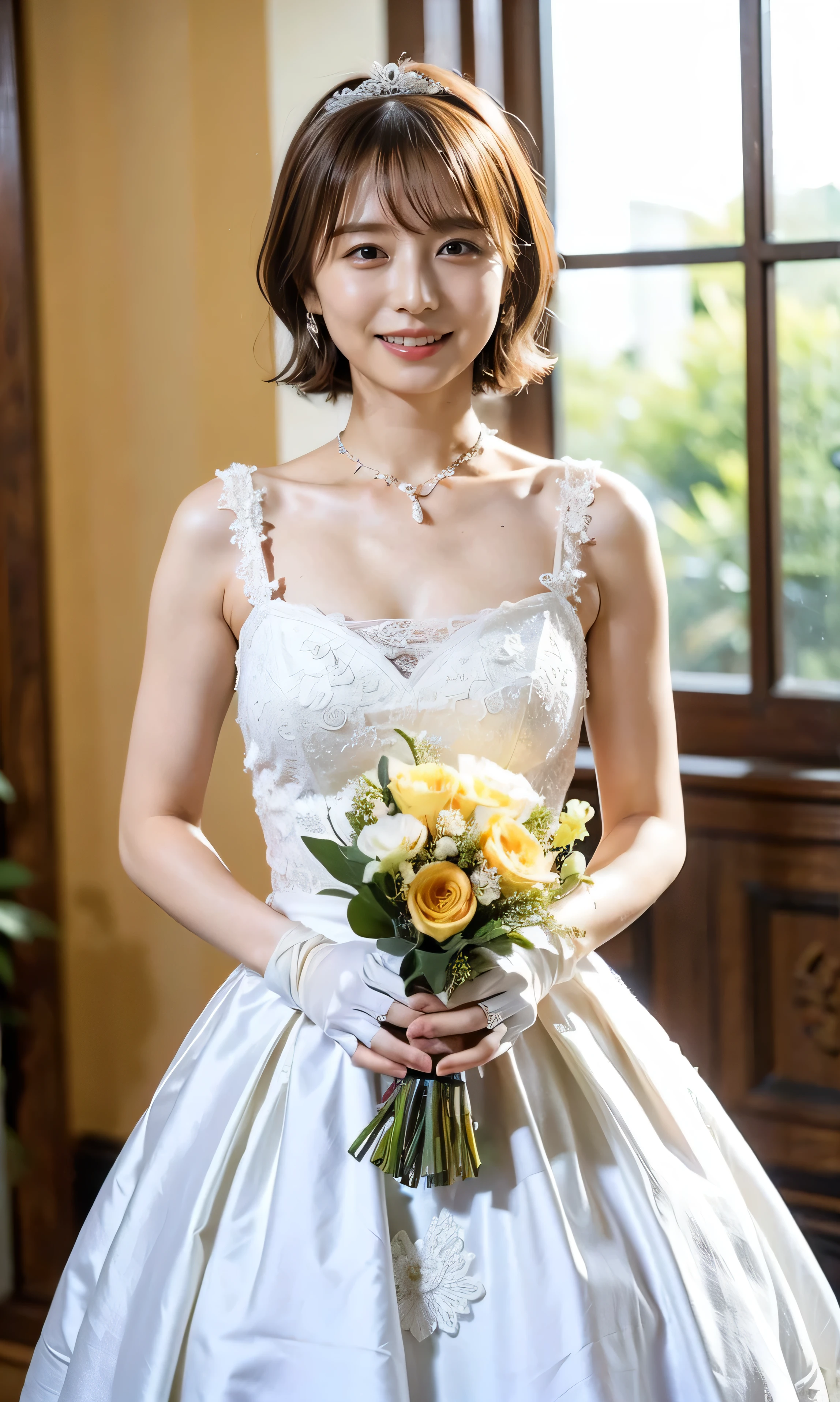 in a beautiful garden、Flower Hair Ornaments、tiara、Please wear white lace gloves、Big smile、Holding a bouquet、A lovely smile、Gorgeous white silk dress with lace、Wonderful gardens、Colorful flowers々Blooming、White silk and shiny dress、Gorgeous and elegant white wedding dress、Braid only the front hair((wedding style:1.4))、Full body photo、smile、 Caustics、Highly detailed photos、Very beautiful ideal short hair、Big Breasts、Super no makeup、(8k、RAW Photos、highest quality、masterpiece:1.2)、(Realistic、Realistic)、1 girl、((Medium Short Hair、Looking into the camera:1.4))、