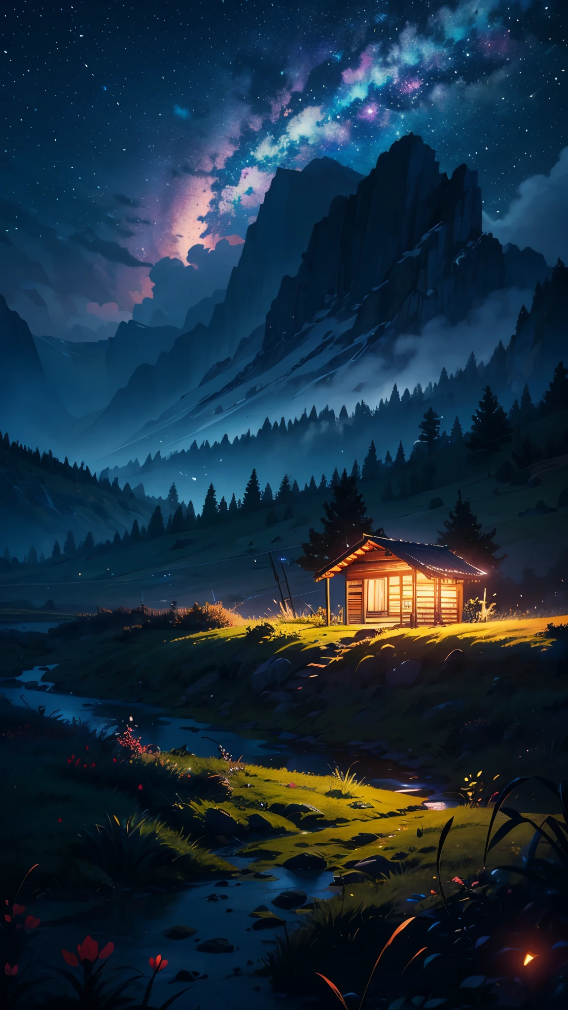 A detailed anime scenery in a plain night grassland with a small hut in distance , detailed night sky with stars and rainbow, 8k, highly detailed, photorealistic, intricate, cinematic lighting, dramatic atmosphere, vibrant colors