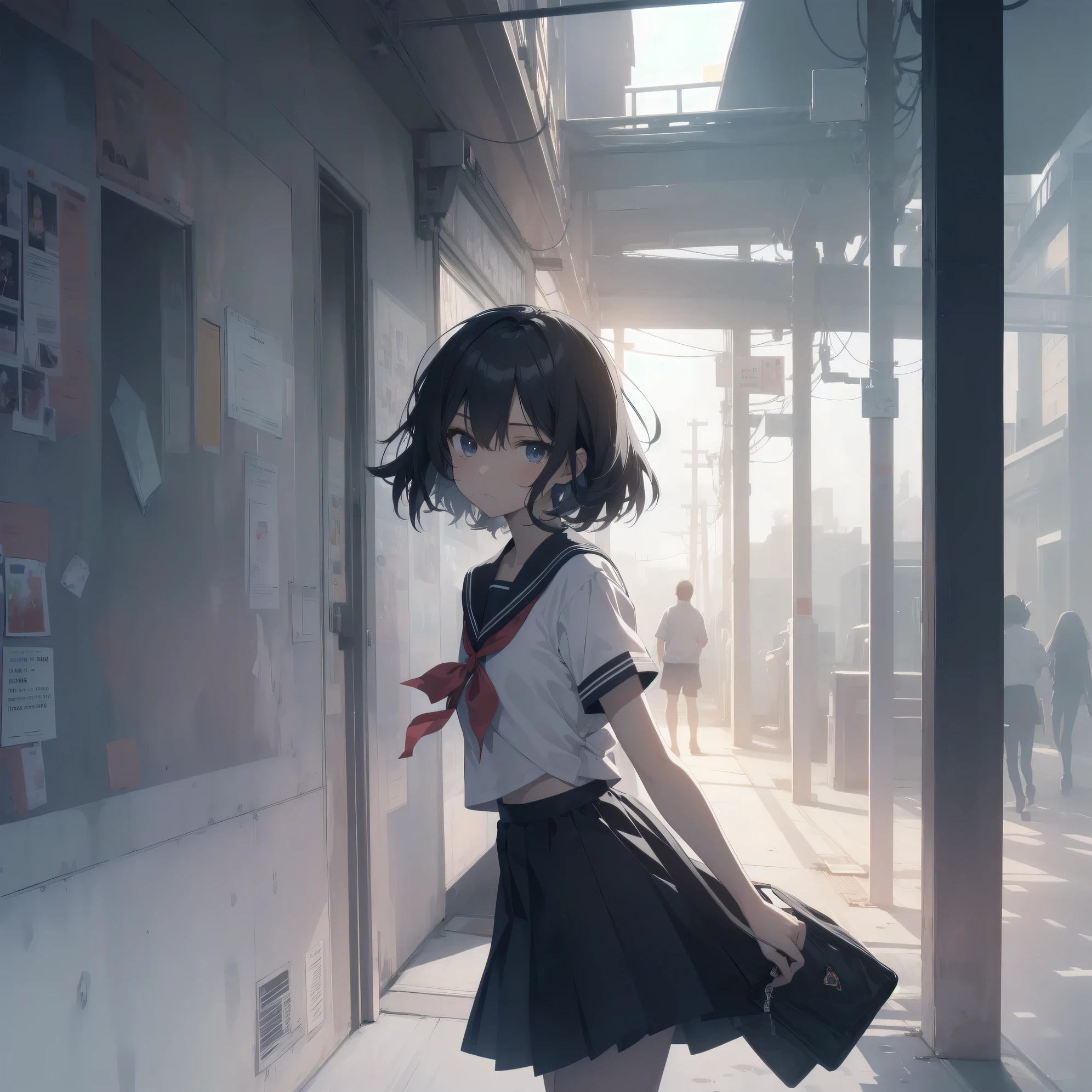 ultra-absurdres-Top quality by artist God, ultra-detailed, high resolution, anime moe artstyle, best anime 8k konachan wallpaper, pixiv contest winner, pool:2810, perfect anatomy,break, 1girl, (Please draw a girl walking sleepily to school alone. )break,(Solo,little female, 13-year-old:1.3),Full limbs, complete fingers,a junior high school student, (very short hair), short cut, flat chest, , small butt, small black eyes, beautiful detailed eyes, well-proportioned iris and pupils, expressive eyes, highres detailed hair, soft expression, salor school_uniform, sailor collar, serahuku, bow, pleated skirt,(Detailed Lighting), (Detailed background), in the School commute route. break,super detailed skin, Best cinematic lighting powered by famous artist, 8k,beauty illustration,photoshop_(medium),very aesthetic,break,((artist:nyantcha )), artist:clamp ,artist:carnelian ,artist:kantoku ,