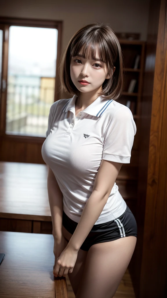 masterpiece, highest quality, 8k, 20th Generation, huge breasts, cute, alone, sad, cute, Girlish, Delicate girl, Pure beauty, RAW Photos, Professional photography, Portraiture, Soft Light, Professional Lighting, Backlight, Upper Body, Front view, Sophisticated, Film Grain, (Eye and facial details:1.0), Short floating hair, Beautiful, flowing hair, bangs, A tight polo shirt that expresses the roundness and softness of the chest area.., huge 、Do not publish,It protrudes greatly, Erotic shorts, Standing Elegantly、beautiful thick legs