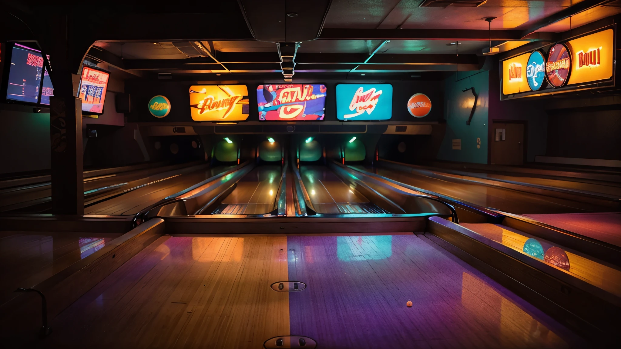 A dimly lit, retro-style bowling alley with neon lights casting a colorful glow. The lanes stretch out in the background, creating a sense of depth.