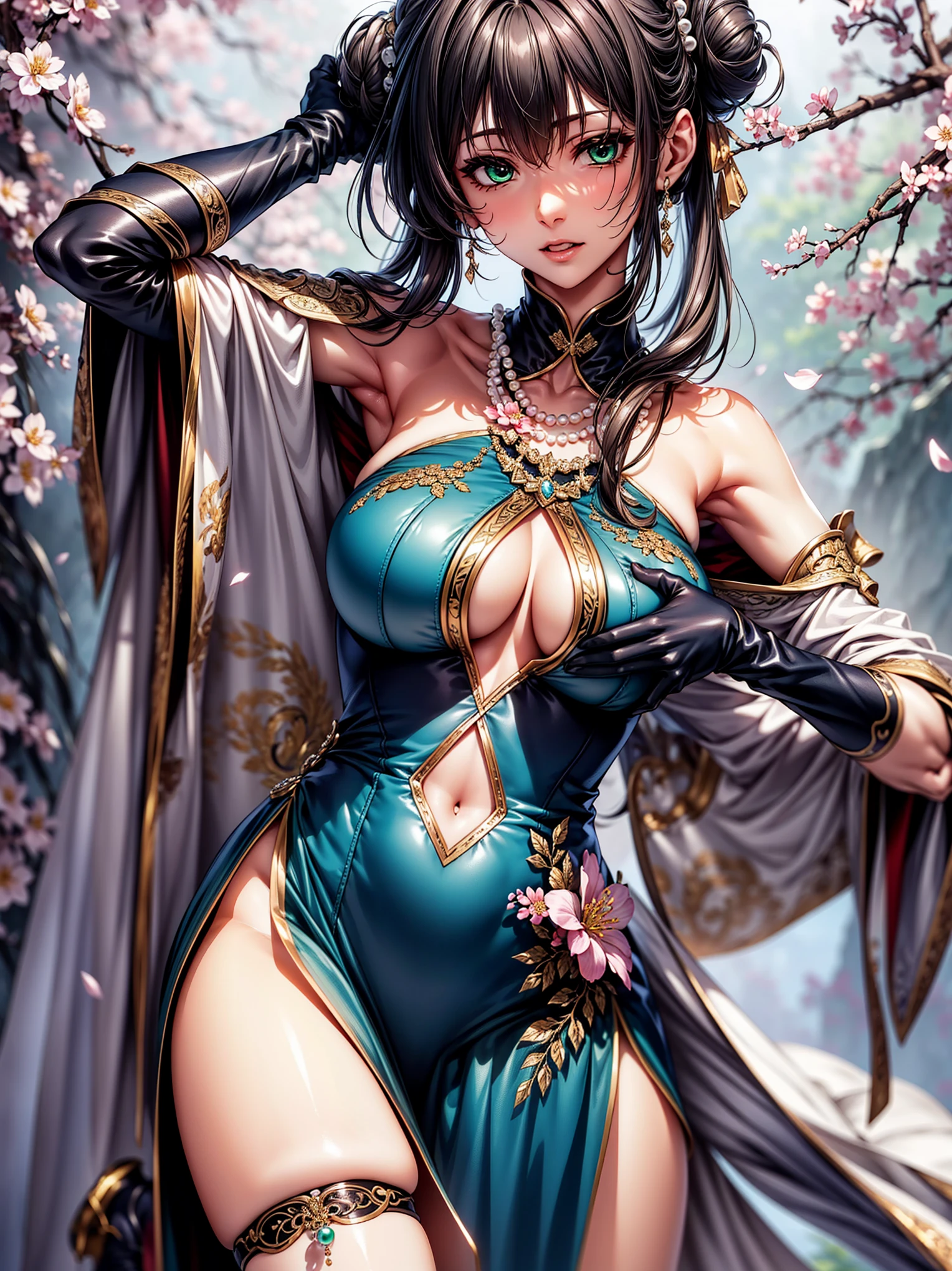 top-quality、tmasterpiece、Very high resolution、super high image quality、High-quality pixels)、perfect eyes, perfect face, perfect body figure,solo,8K, large ,(Detailed description of hair), (Detailed description of face),(Detailed description of body), fair and clear skin, matchless beauty, long legged, dark grey long hair details expressed, The details have been upgraded,(green eyeball color:1.2),model posture,cowboy shot,ar 30s,single_hair_bun, hairpin, hair_intakes, jewlery, beads, pearl_necklace, green dress, covered navel, thigh strap, sidelocks, high heels, plum blossom decoration of clothes