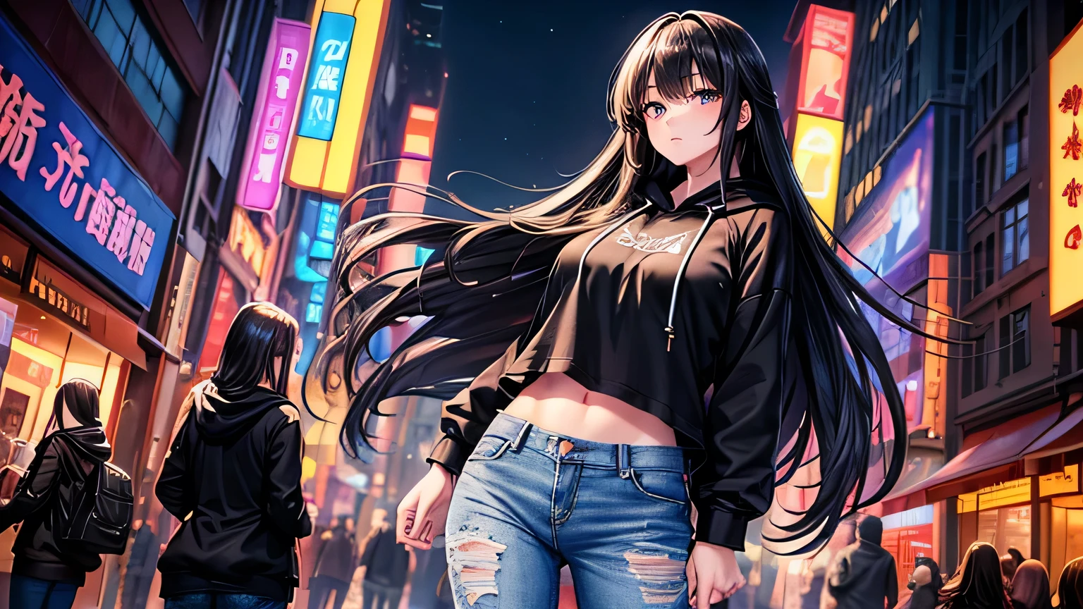 (masterpiece, highest quality), (High resolution, detailed), anime, Line art,  alone: 1.2, woman,(Detailed face), (Oversized black hoodie: 1.5),(Distressed jeans)  (Beautiful long hair, Voluminous Hair), (Beautiful Eyes: 1.0),stomach:1.2, highest quality, 8k,Thin bangs,Upper Body,Slender, beautiful, well-drawn eyes, Focus on the face,City of night,bustling street,Neon Light,