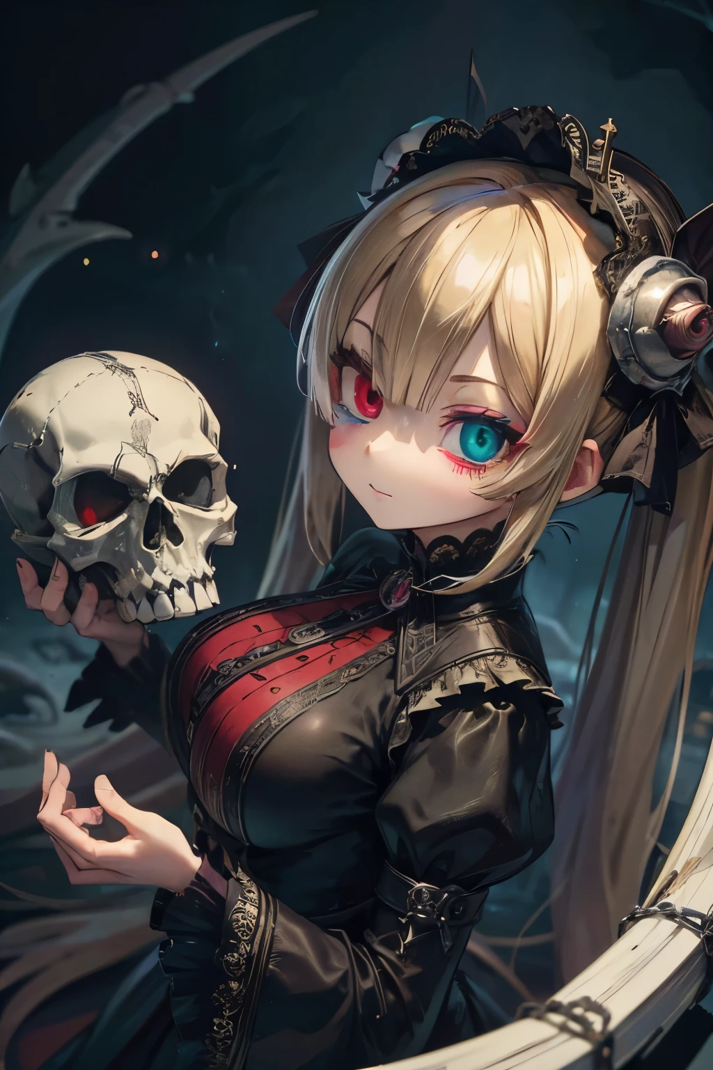 (masterpiece, highest quality, highest quality, Official Art, beautifully、aesthetic:1.2),(heterochromia:1.5),skyblue eye,gold eye,Blonde,Long twin tails,Mature Woman,Big Tits,Black Gothic Lolita,Skull hair ornament,Dragon&#39;s Tail,Expressionless,Long skirt,About 20 years old,Burning star