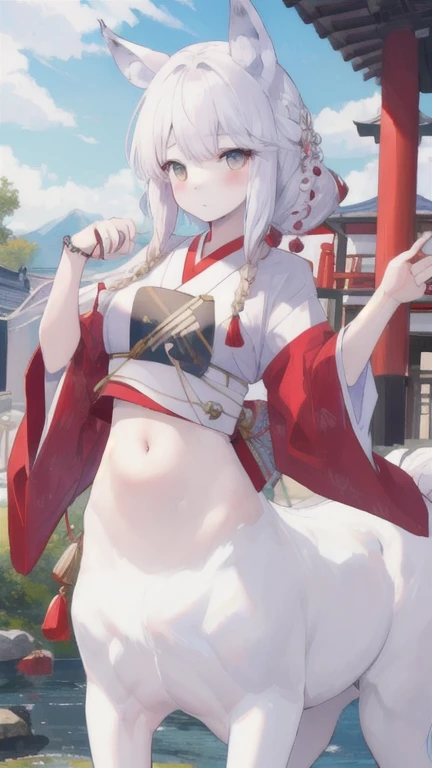 (best quality, masterpiece), 1 girl, centaur, It takes, White skin, Japanese , exposing the abdomen,belly button t-shirt, 아름다운 소녀 perfect wolf photo, perfect wolf photo