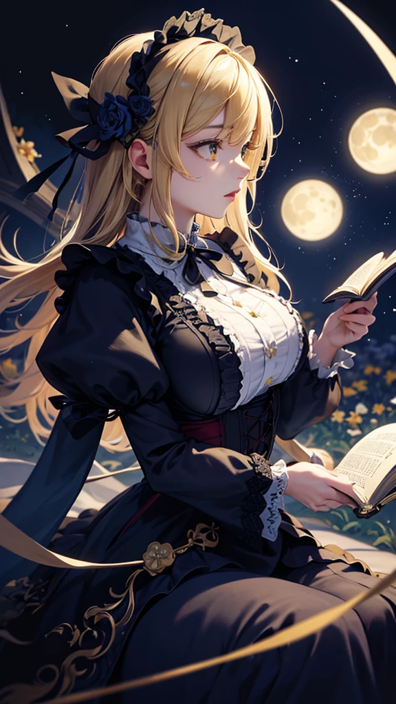 masterpiece, high quality, 4K, Beautiful design, silhouette，blonde， 非常に詳細な夜のStarry Sky,Flower Field， wonderful, Finer details,  Very knowledgeable woman, Highly detailed solo, 1 female,Big Breasts，Gothic Lolita Fashion，Reading，Night view，Starry Sky，full moon，