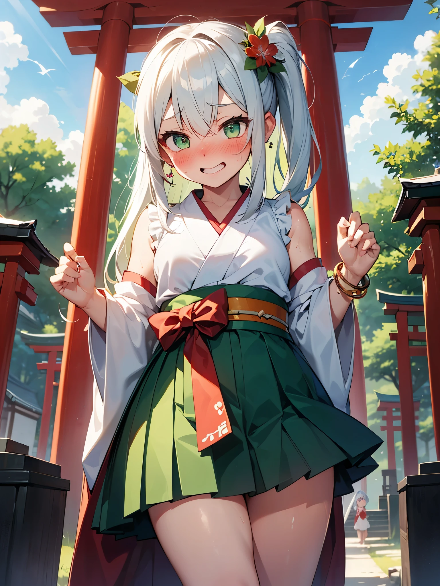 NSFW,Long Hair、Green Eyes、bangs、Pointed Ears、hair ornaments、White Hair、Symbol-shaped pupil、Multicolored Hair、Side Ponytail、Gradient Hair、Green Hair、Hair between the eyes、Cross-shaped pupil、smile、gem、葉っぱのhair ornaments、bracelet,Shrine maiden、kimono、Sleeveless,Hakama Short Skirt,(Sunburn:1.5),(Perfect hands),(Perfect Anatomy),(masterpiece),(highest quality),(Embarrassed:1.5),blush,Shy laugh,shrine,torii,Japanese style