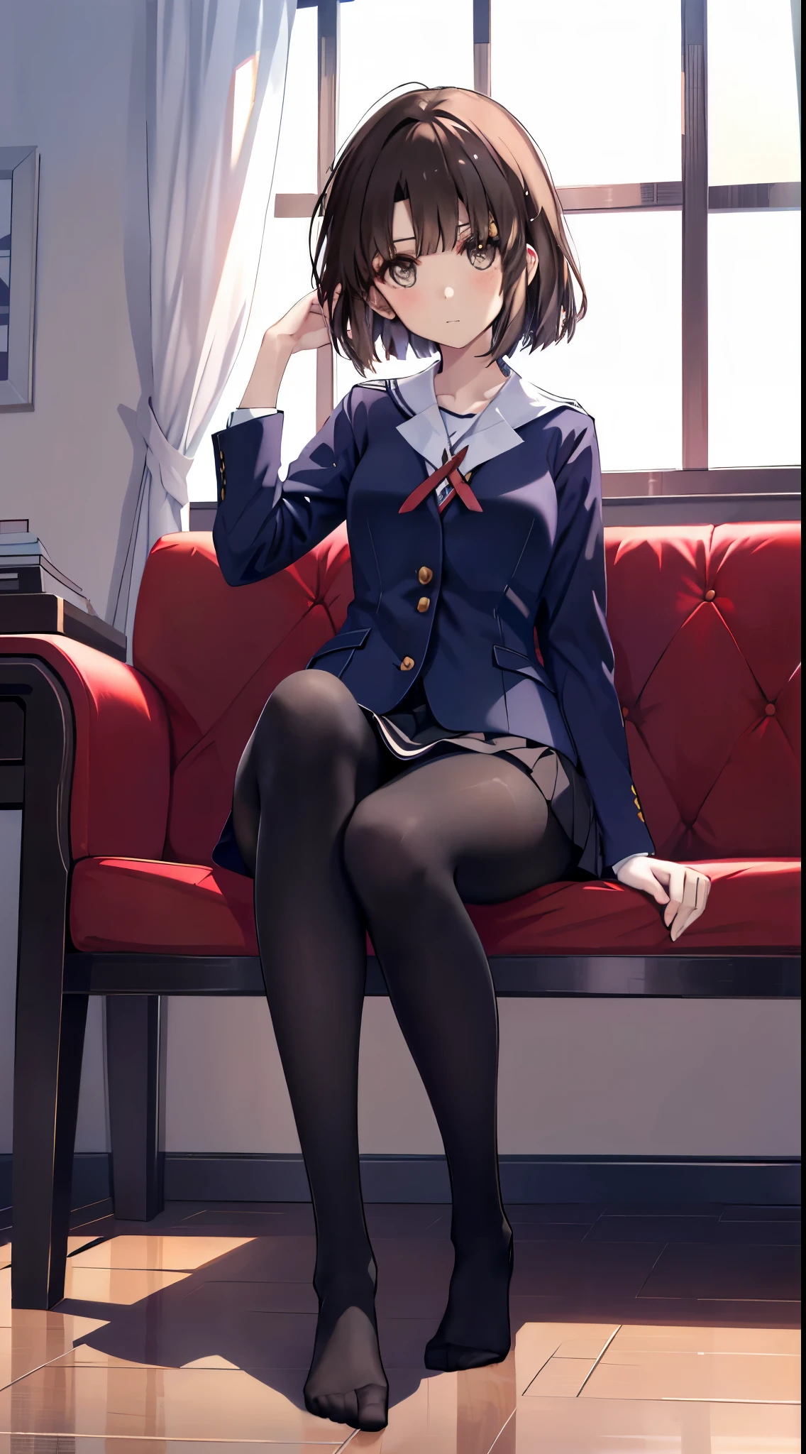 Top quality, masterpiece, High resolution, (Head to toe full body), front, frontやや下からの構図, Symmetric, Tall 18 year old girl, alone, (Head to toe), (Small breasts), Unkempt brown hair, bangs, (black tights), (Black Pantyhose), (Sit with your legs apart), (Crouching pose), (Composition showing white panties), (her legs spread、White panties are visible.), (Sit on the floor with your legs spread), (M-shaped foot), Thin legs, A very beautiful and tall 18 year old girl, (No shoes), blush, Shy big eyes, looking at the camera, Blazer uniform, Checkered pleated skirt