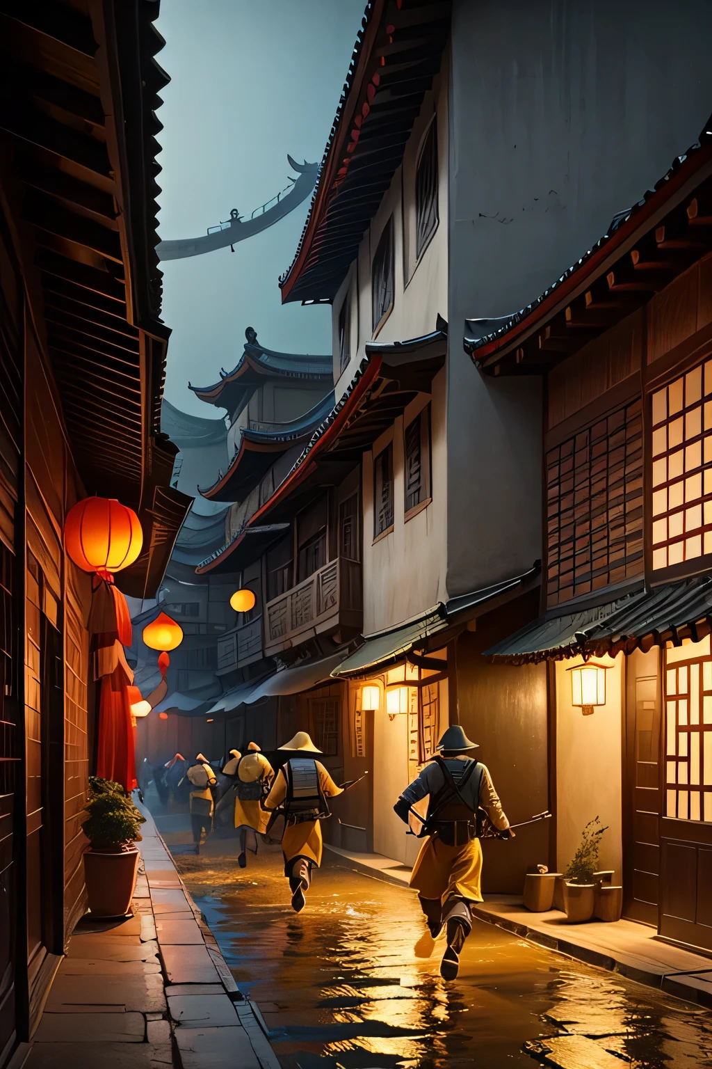 Colored Water,Chinese painting style,grayish yellow tone,Robbers evade capture,Ancient Chinese wooden house,Robber leaning against wall,Chasing troops behind,The pursuer carries a lantern,night,The pursuers wore official uniforms that were mostly red in China.