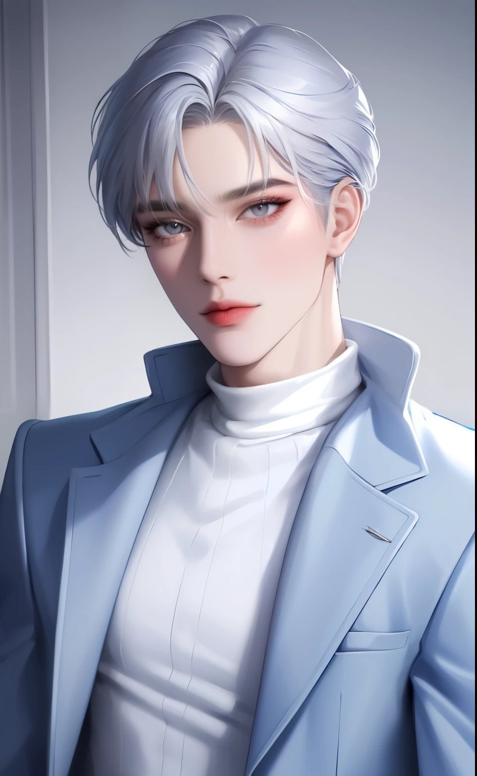 Boy, silver hair, blue eyes, serious sharp features, white skin, handsome, sweater, coat