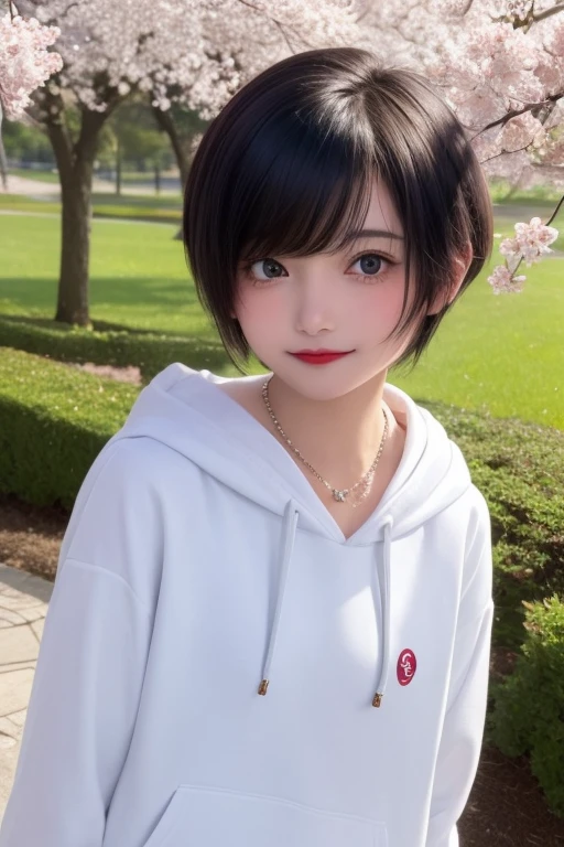One girl, alone, Komoshuai, short hair, Portraiture, cherry blossoms, smile, White hoodie, Brown eyes、Blue Hair、Simple Necklace、Red lipstick