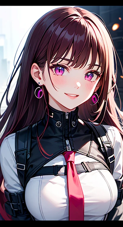 beautiful, alone, 1 female, mature, Long Hair, Magenta hair with bangs, Half tie、Half tie, Hot pink eyes, White clothes, Smile Facial, Futuristic, cyber punk, You say, Earrings