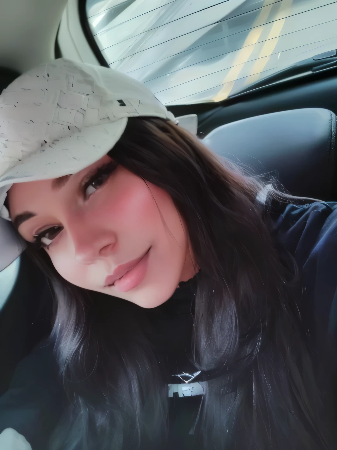 puffy woman with hat on her head in a car, taken at the beginning of 2020, foto do snapchat, headshot imagem de perfilture, imagem de qualidade muito baixa, foto de baixa qualidade, imagem de perfil, wearing a choker and a cute hat, Alanis Guillen, wearing a cute hat, foto de perfil, selfie de uma jovem