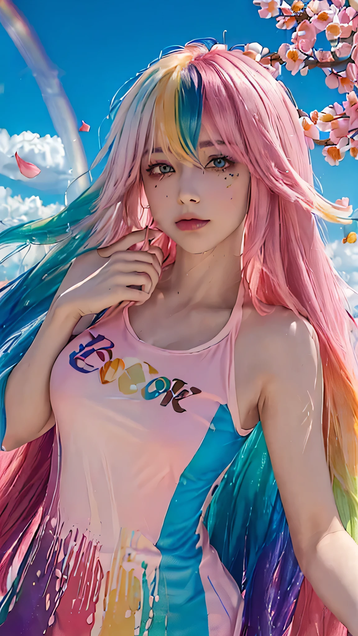 (Pink fashion T-shirt:1.9),(colored hair:1.8),(All colors of the rainbow:1.8),(((vertical painting:1.6)),(:1.6),front,comics,illustration,,big eyes,crystal clear eyes,(Rainbow colored semi-long hair:1.7),exquisite cosmetics,Shut your mouth,(Small fresh:1.5),(Wipe your chest:1.6),long eyelashes,White shoulder T-shirt。,White shoulder sleeve shirt,looking at the audience,blue eyes,(rainbow colour hair:1.6),color splotches,(solo:1.8),color splotches,color splotches,color explosion,Thick lacquer style,Messy lines,((Shiny),(color),(color),(color),(color),color,Thick lacquer style,(color splotches),(color)splash,vertical,Upper body,Paintworksplash,acrylic paint,gradient,Paintwork,Highest image quality,highest quality,masterpiece,solo,depth of field,Topcoat,Colorful clothes,(grace:1.2),gorgeous,lwind, (Elegant: 1.3), (Petals: 1.4)，(((masterpiece))),(((best quality))),((ultra-detailed)),(illustration),(dynamic angle),((floating)),(paint),((disheveled hair)),(solo),(1girl) , (((detailed anima face))),((beautiful detailed face)),collar,bare shoulders,blue hair, ((colorful hair)),((streaked hair)),beautiful detailed eyes,(Gradient color eyes),(((colorful eyes))),(((colorful background))),(((high saturation))),(((surrounded by colorful splashes))),(((colorful background))),(((high saturation))),(((surrounded by colorful splashes))),(((colorful background))),(((high saturation))),(((surrounded by colorful splashes))),