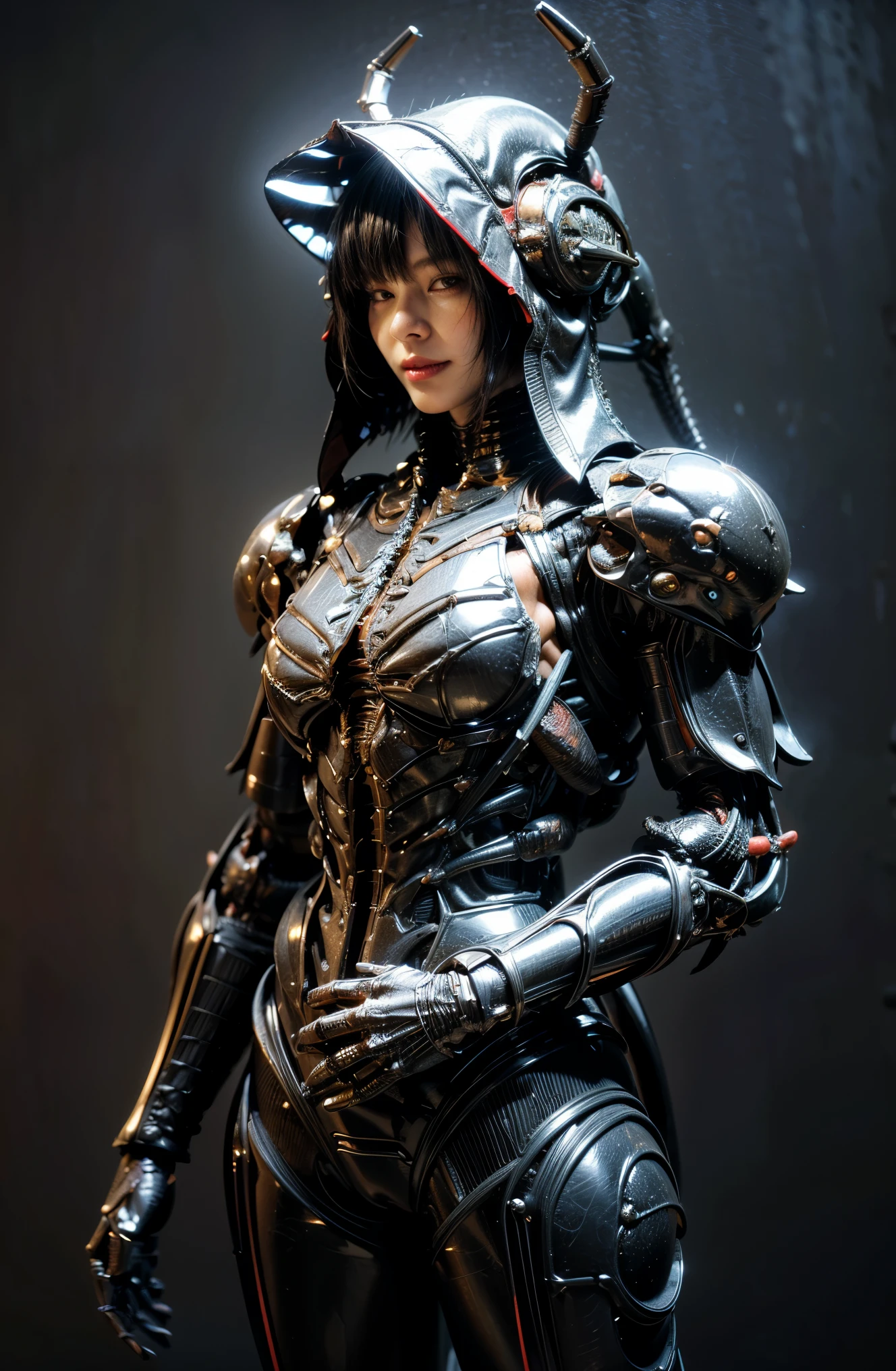 (high resolution,masterpiece,best quality,extremely detailed CG), photorealistic, (Composed of fine parts), (extremely intricate all details), (extremely realistic all textures), gloss and shiny,awesome many layers, 8k wall paper, 3d,( solo:1.4), perfect female proportion,villainess, (fusion of cockroach and lady:1.4), (cockroach form lady:1.2), (cockroach lady:1.2), (fusion:1.2), (solo:1.4), (smile:1.2), muscular, abs, (cockroach exoskeleton bio insect suit:1.4), (cockroach red exoskeleton bio insect armor:1.2), feeler
