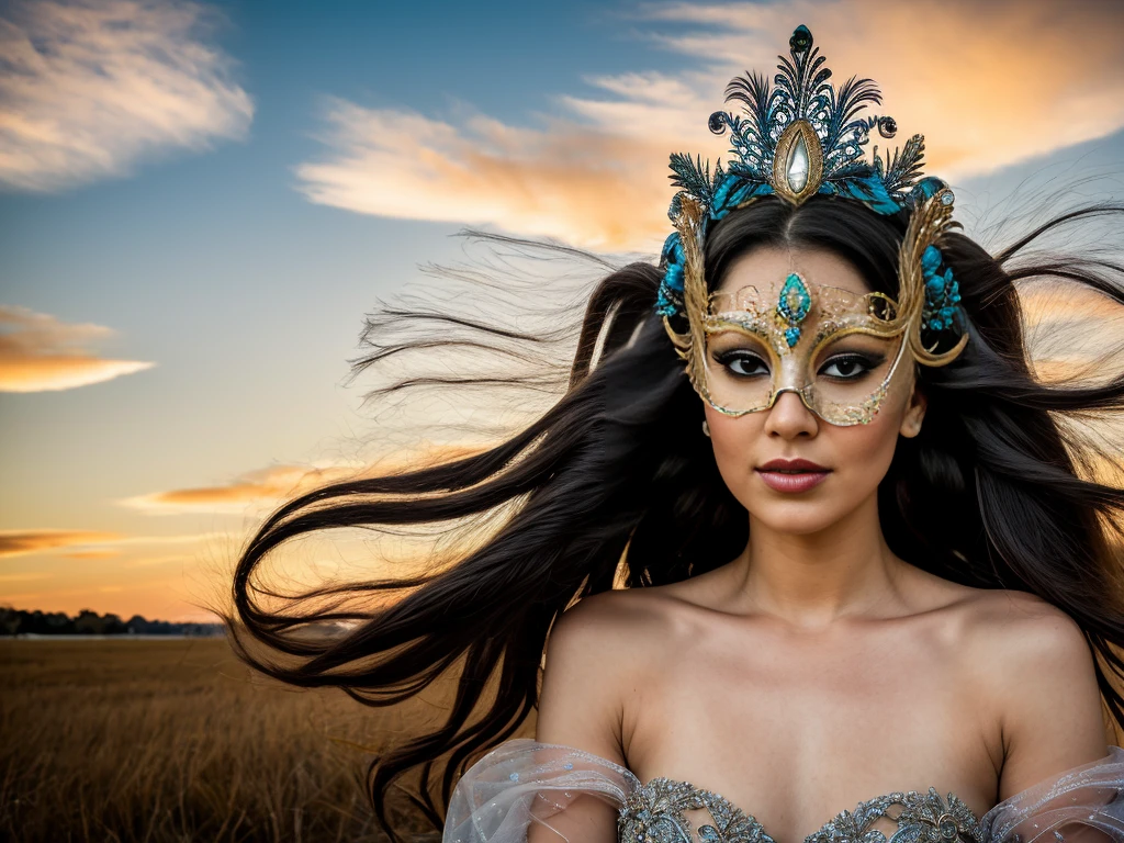 A majestic woman soaring gracefully through the sky, with long flowing hair trailing behind her. She wears an elegant, flowing gown that ripples in the wind, shimmering with shades of blue and silver. Her outstretched arms give the impression of freedom and strength, with perfect hands elegantly poised. Her body is anatomically perfect, exuding grace and beauty. The sky around her is a brilliant mix of sunset colors—orange, pink, and purple—casting a magical glow. Wispy clouds float around her, and the light from the setting sun highlights her serene, yet sad and melancholic expression, ((she wears an Intricate and enigmatic typical Venetian carnival mask)). Face partially hidden behind carnival golden metal mask. Mask covers part of her face, including part of her eyes. She flies over a lush medieval garden, filled with vibrant flowers and ancient stone pathways. The overall scene is ethereal and dreamlike, capturing a moment of pure liberation and beauty, while maintaining a SFW image. [(highly detailed face:1.4)], full body portrait, by lee jeffries, nikon d850, film stock photograph, 4 kodak portra 400, camera f1.6 lens, rich colors, hyper realistic, lifelike texture, dramatic lighting, cinestill 800