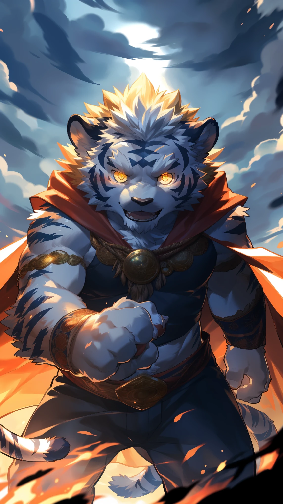 (Dynamic poses:1.6), (ultra deTailed), Clear focus, Niji, Eye contact, (glowing golden pupils:1.4), hairy, (Golden fur:1.3), White Stripes, anthropology (Tiger), male, middle aged, White belly, Tail, muscular, (knight clothing, Long scarlet cape), ultra deTailed face, high deTails, high quality, (best quality, 4k, 8K, High resolution, masterpiece:1.2), Bright colors, (close up:1.5), (Bottom view:1.5), author：Takemoto Arashi, By Camille, From milkytiger1145, by 69panda, Dark Souls boss style, Energy explodes around the body, (Golden Halo:1.3), Bloodstained, Dynamic Lighting, Ominous atmosphere, Eerie fog, The existence of threats, Full of horror atmosphere, Dark and Tortured Souls, (enchanted deTail of colors), 8K wallpaper, yang08K, Looking at the audience with fierce eyes