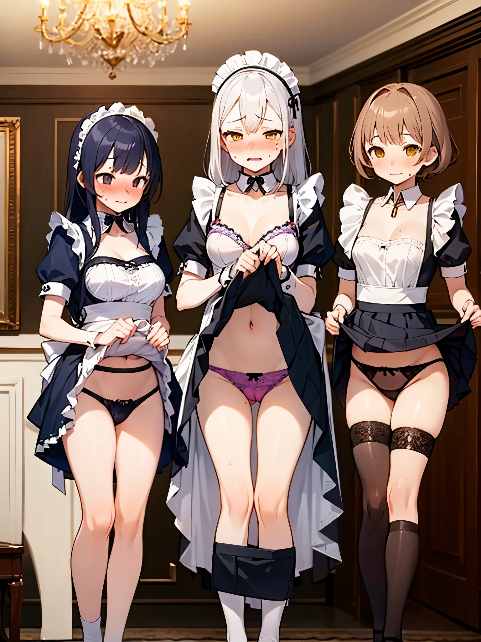 NSFW,(Three Girls:1.5),Long Hair、Hair between the eyes、とてもLong Hair、White Hair、Messy Hair、（Yellow Eyes：1.3）,(Maid clothes:1.5),Off the shoulder,cropped,Micro Mini Skirt,belly button,pantyhose,(High-quality lingerie:1.5),Streaks,(Skirt Lift:1.8),(Iron Collar:1.5),(Perfect hands),(Perfect Anatomy),(masterpiece),(highest quality),(Embarrassed:1.5),blush,Mansion,Luxury Room,chandelier,bedroom