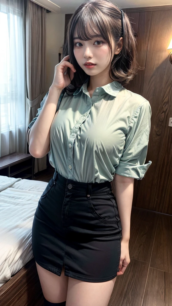 masterpiece, best quality, illustration, Super detailed, fine details, High resolution, 8K,wall paper, perfect dynamic composition,(Details High quality, realistic depiction of eyes:1.3), standing, short hair, (wavy hair:1.2),  (Oversized_Shirt:1.2)、Oversized_Shirt, Layered Cut, black hair color, Big Natural Color Lip, hotel room, crying a little、cold gaze, Harajuku style、20 year old girl、cute type、ta, Gravure Idol, full body photo、focus on crotch, huge breasts