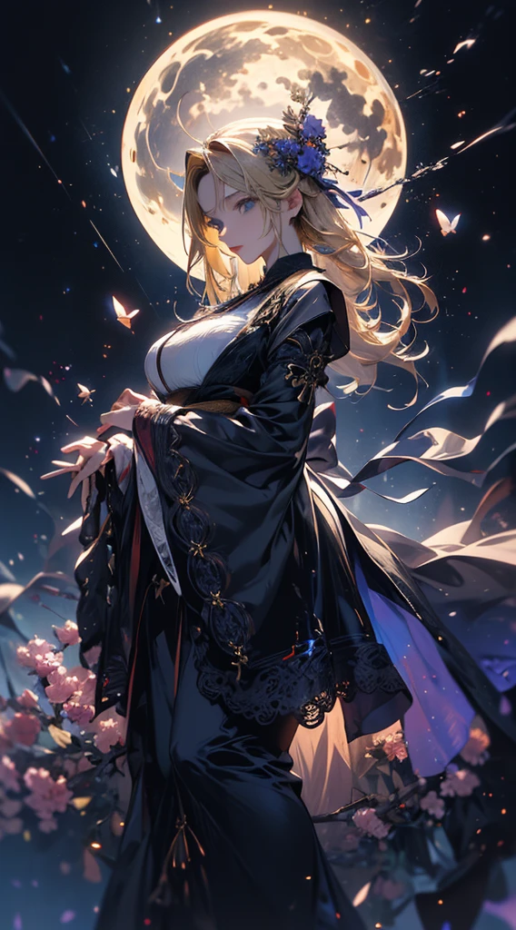 masterpiece, high quality, 4K, Beautiful design, silhouette,blonde, 非常に詳細な夜のStarry Sky,Flower Field, wonderful, Finer details, Very knowledgeable woman, Highly detailed solo, 1 female,Big Breasts,Gothic ta Fashion,Wizard,Night view,Starry Sky,full moon,