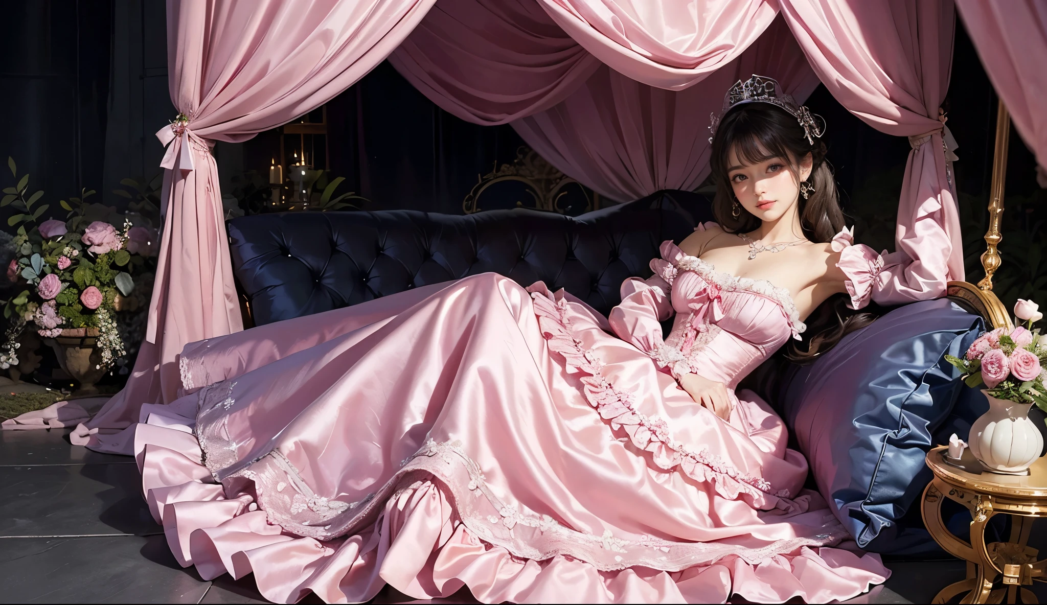 highest quality, masterpiece, highest resolution, artwork, super それにget used to it, many get used to it, get used to it, それにget used to it, romantic,woman, (()),the girl is a princess,((dark pink satin fabric)),pink victorian dress, ((Gorgeous princess rococo ball gown dress with voluminous full-length hoop skirt)),long sleeve,long dress,A dress with lots of frills and ribbons..,luxury,((Palace bedroom)),((Huge Victorian canopy bed)),Pink silk ruffled bedspread,Many pillows on the bed,Fluffy pillow with frills,The girl is sitting on the bed,