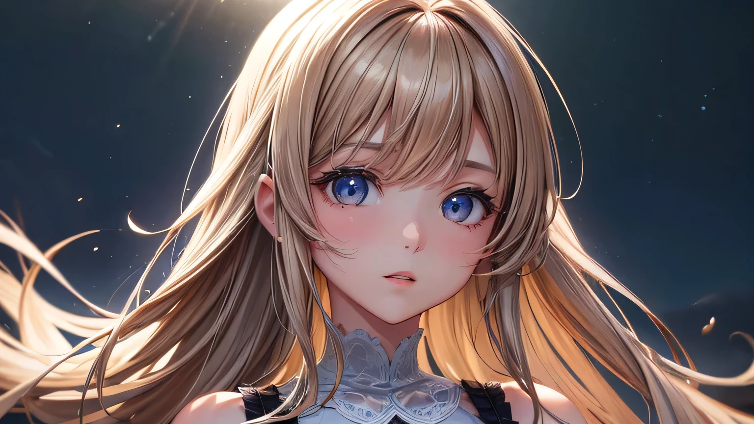 One woman : 1.3, Light brown hair: 1.2, , night: 1.2,night,Night Town: 1.1, Ultra-high resolution, Accurate, Super detailed, Textured skin, High detail, highest quality, 8k,Thin bangs,Upper Body,Well-drawn eyes, Focus on the face,summer,A cute and pretty one-piece dress in a light color,,Detailed hair depiction,Detailed depiction of eyes、Detailed depiction of hair、
