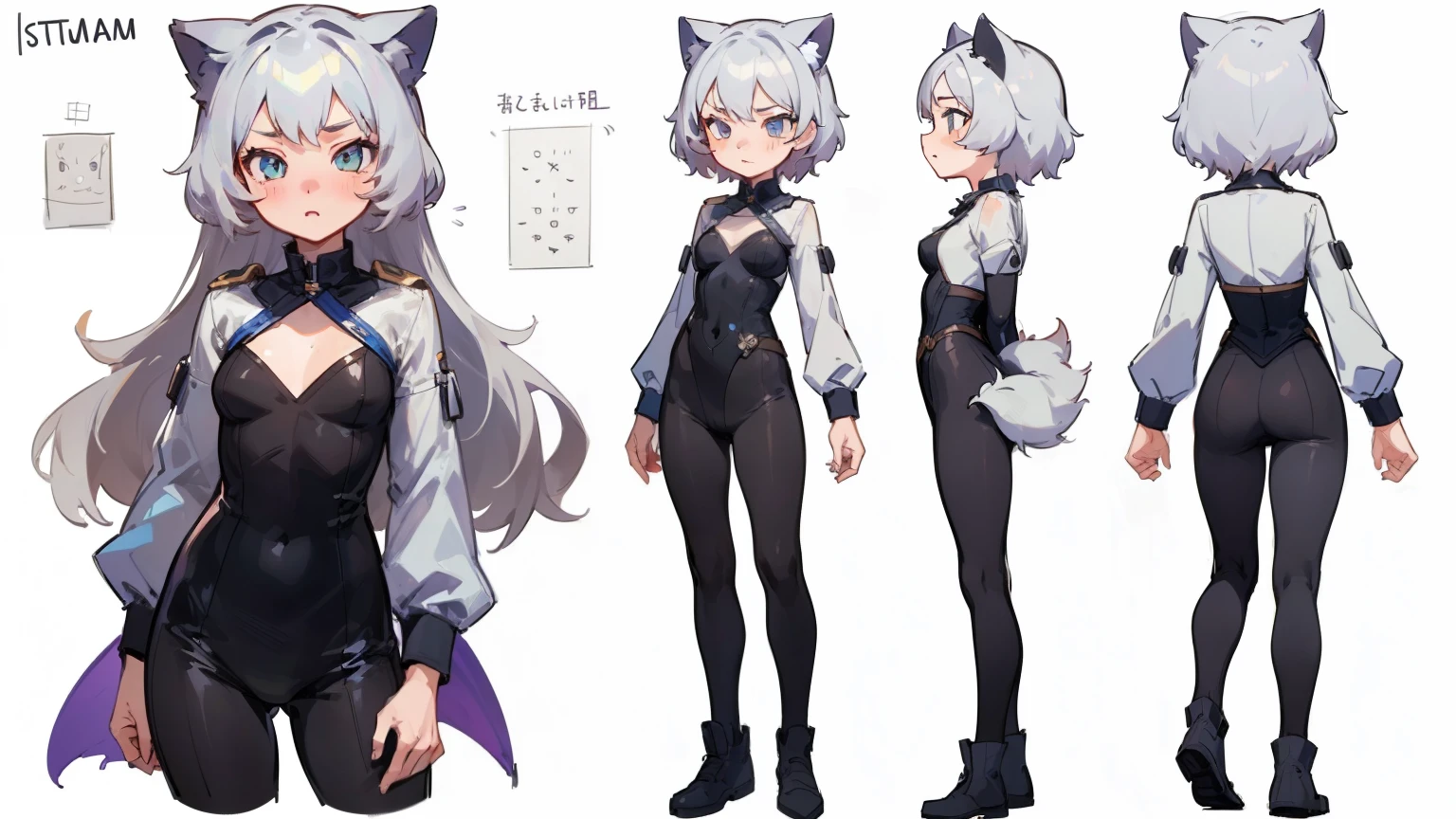 ((masterpiece, highest quality)), ((tsurime)),Detailed face, Character Sheet, Full Body Lesbian, One girl,show,Full of details, Various poses and expressions, Very detailed, depth, A graceful wild fox girl with mostly silver hair, Sparkling eyes, Delicate skin, 青い髪のYouTuberCharacter Sheet,Catwoman, whole body, sexy