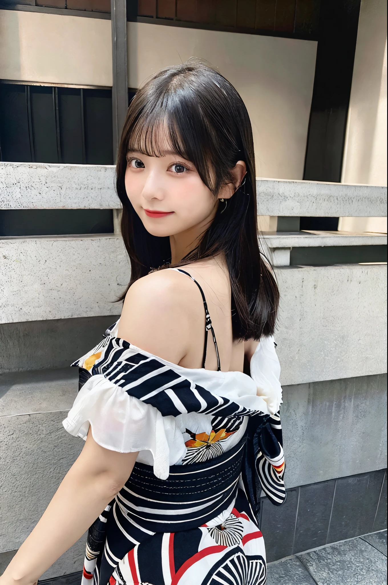 Top view、Beautiful nape、Back view、A large exposed back、Striped yukata、Beautiful beauty with black hair、No makeup、(masterpiece、8K,RAW Photos、High resolution:1.4)、Enhances the feminine soft look、 Reveal complex textures and patterns. Using the Canon EOS R6 Mark II with the Sigma 50mm f/1.4 DG HSM Art Lens、シーンのあらゆるニュアンスがHigh resolutionでキャプチャされます。
