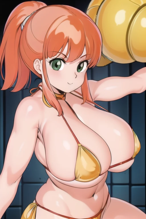 masterpiece,best quality,ultra detail,close up, girl, smile,Cream Lemon Caron,(Bikini Armor),1girl,ruins,orange hair,long ponytail,green eyes, ((red bikini))