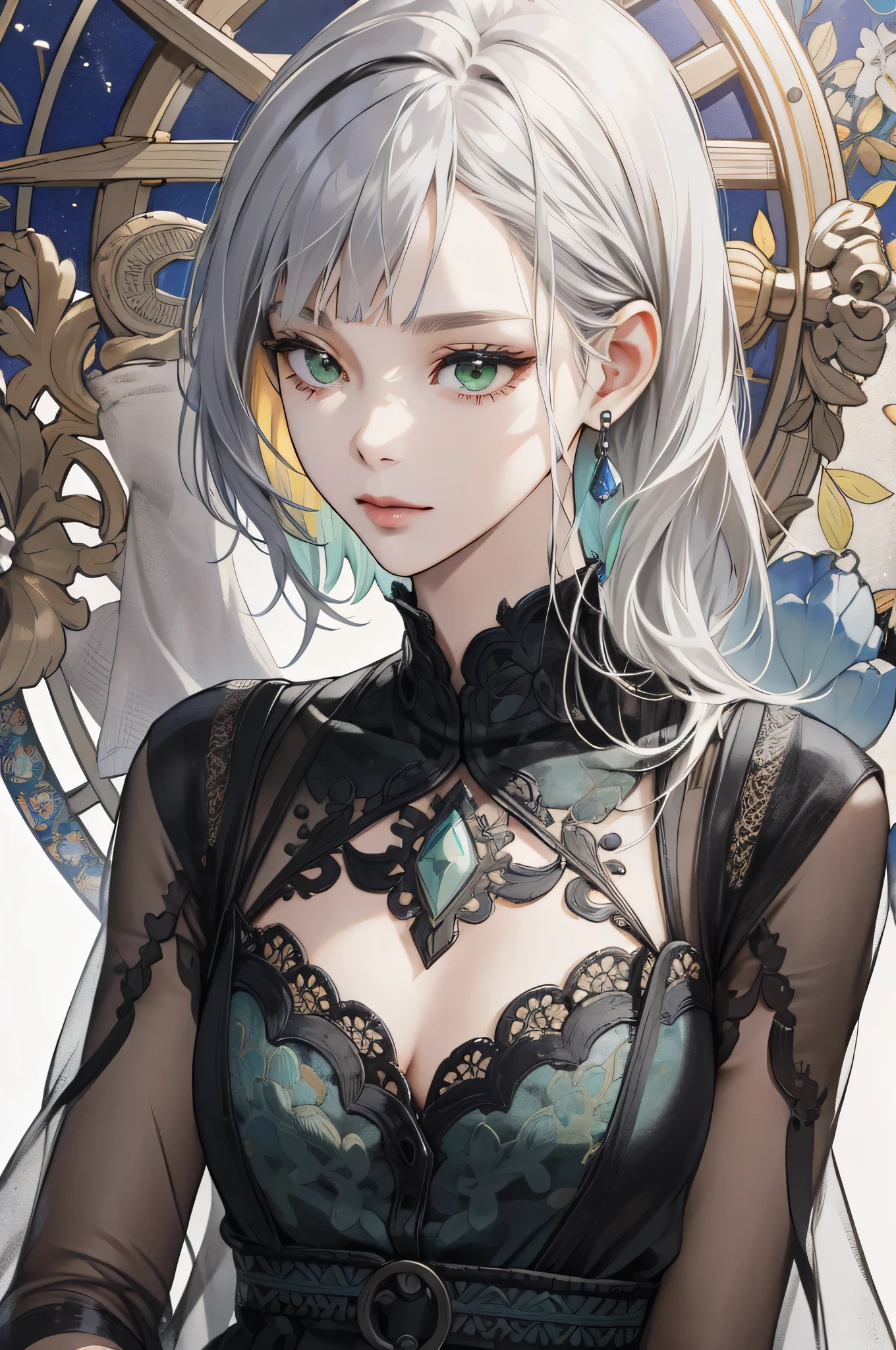 (absurdres, highres, ultra detailed), 1girl, mature female, long silver hair, side blunt bangs, green eyes, dress, beauty mark under her left eyes, long sleeves, finely detailed eyes and detailed face, intricate details, BREAK mosaic art, small pieces, colorful tesserae, intricate patterns, tiled designs, durable surfaces, time-honored techniques BREAK macro photography, extreme close-up, intricate details, magnified textures, stunning clarity, hidden beauty, immersive perspective BREAK , artisanal creations, handmade goods, unique designs, intricate details, creative expression, skilled craftsmanship, cowboy shot