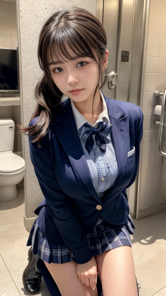 masterpiece, best quality, illustration, Super detailed, fine details, High resolution, 8K,wall paper, perfect dynamic composition,(Details High quality, realistic depiction of eyes:1.3), kneeling, Men's restroom at school, Toilet urinals lined up、High school girl uniform、blazer 、Super Short Check Uniform Skirt、Navy blue high socks、garterbelts、 large breasts, expresses the roundness and softness of your chest, Don't expose it、Disturbed uniform, ponytail, black hair color, Big Natural Color Lip, perfect body shape, crying a little、cold gaze, Harajuku style、20 year old girl、cute type, beautiful legs, Gravure Idol