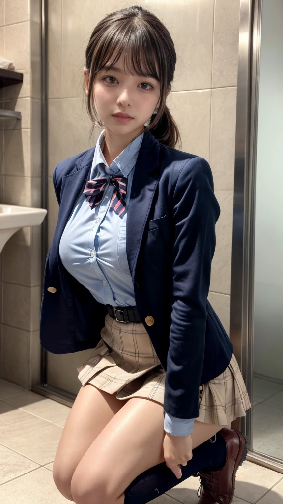 masterpiece, best quality, illustration, Super detailed, fine details, High resolution, 8K,wall paper, perfect dynamic composition,(Details High quality, realistic depiction of eyes:1.3), kneeling, Men's restroom at school, Toilet urinals lined up、High school girl uniform、blazer 、Super Short Check Uniform Skirt、Navy blue high socks、garterbelts、 large breasts, expresses the roundness and softness of your chest, Don't expose it、Disturbed uniform, ponytail, black hair color, Big Natural Color Lip, perfect body shape, crying a little、cold gaze, Harajuku style、20 year old girl、cute type, beautiful legs, Gravure Idol