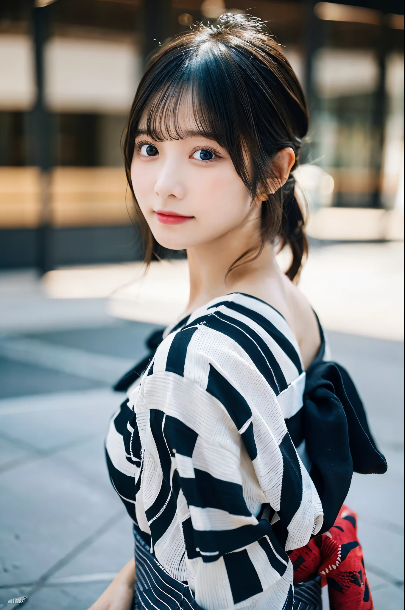 Top view、Beautiful nape、Back view、A large exposed back、Striped yukata、Beautiful beauty with black hair、No makeup、（masterpiece、8K,RAW Photos、High resolution:1.4）、Enhances the feminine soft look、 Reveal complex textures and patterns. Using the Canon EOS R6 Mark II with the Sigma 50mm f/1.4 DG HSM Art Lens、シーンのあらゆるニュアンスがHigh resolutionでキャプチャされます。
