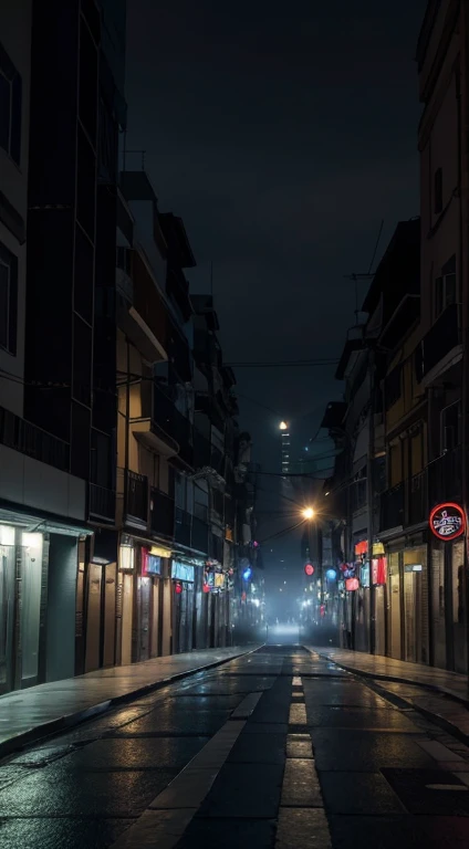 8k resolution, surreal, ruas da cidade, noite, fog, atmosfera de suspense, mal iluminado tall buildings, ground level frame with ruas da cidade, mal iluminado, escuro