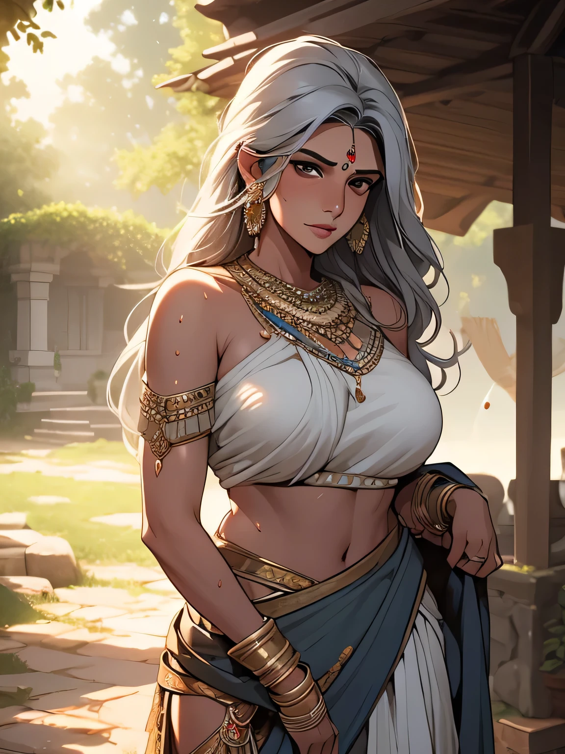 Masterpiece, digital llustration, A gorgeous Indian woman, MILF, grey hair, huge breasts, outdoors, embarrassed, loincloth, sweating, outdoors, doing chores, highly detailed, dynamic soft ethereal lighting, intricately detailed,