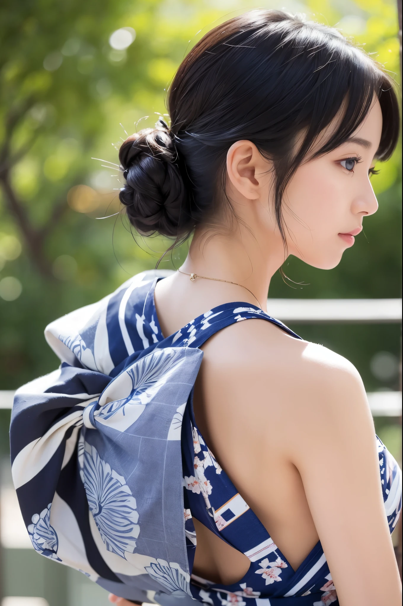Beautiful nape、Back view、wide open back、Striped yukata、Beautiful beauty with black hair、No makeup、（masterpiece、8K,RAW Photos、High resolution:1.4）、Enhances the feminine soft look、 Reveal complex textures and patterns. Using the Canon EOS R6 Mark II with the Sigma 50mm f/1.4 DG HSM Art Lens、シーンのあらゆるニュアンスがHigh resolutionでキャプチャされます。
