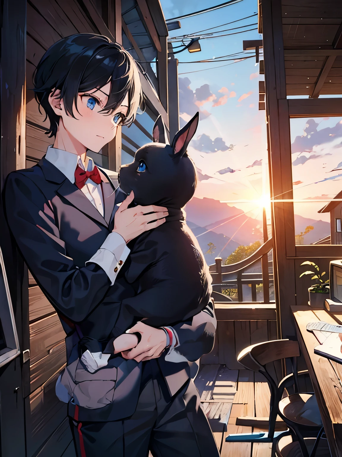 male blue eyes Black Hair Short Hair Gym suit Rabbit小屋 Rabbit cleaning child School Wooden shed 沢山のRabbit